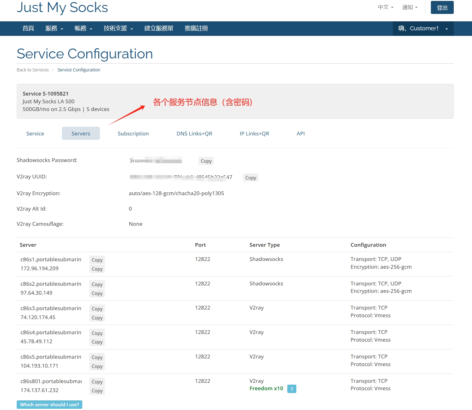 JustMySocks手动节点配置示例